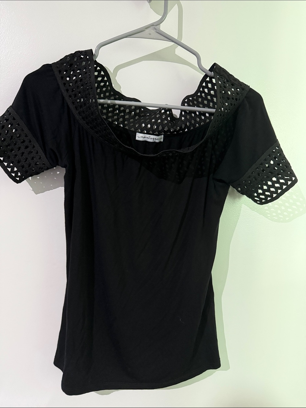Black Short Sleeve Off the Shoulders Top with Crochet Trim